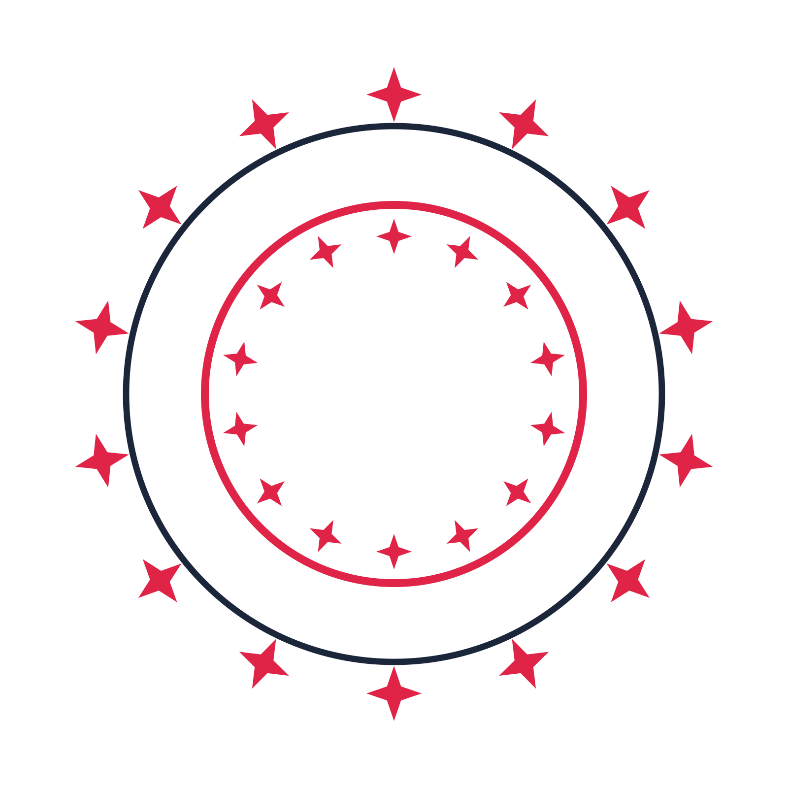 A circular emblem with 14 sparkle motifs, fine concentric rings and a double orbit structure.