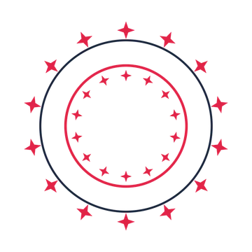 A circular emblem with 14 sparkle motifs, fine concentric rings and a double orbit structure.