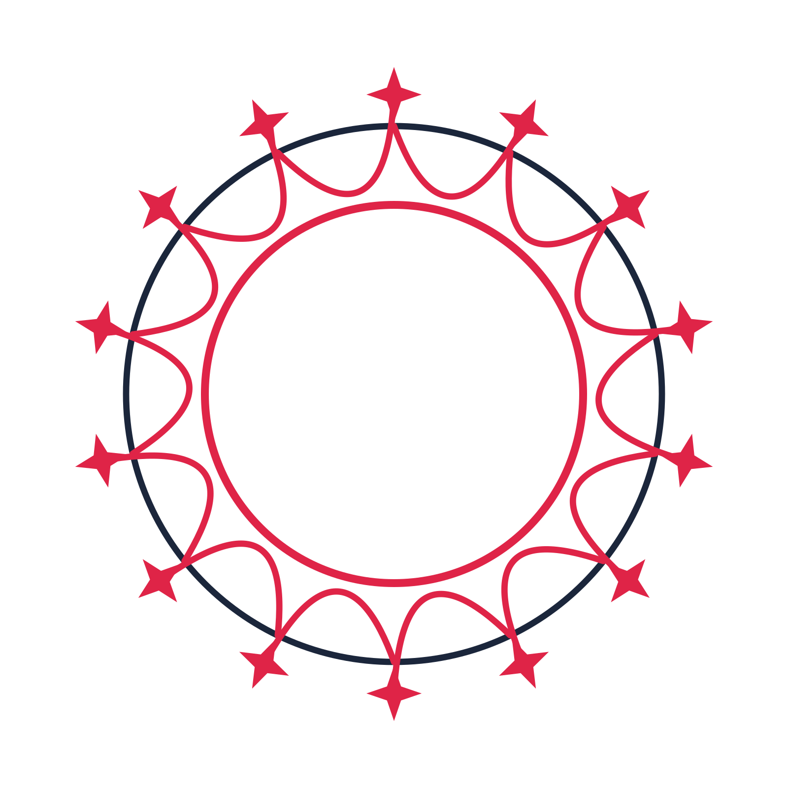 A circular emblem with 14 sparkle motifs, fine concentric rings and a interlaced structure.