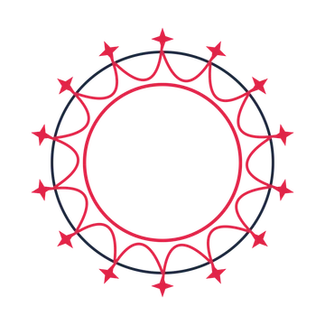 A circular emblem with 14 sparkle motifs, fine concentric rings and a interlaced structure.