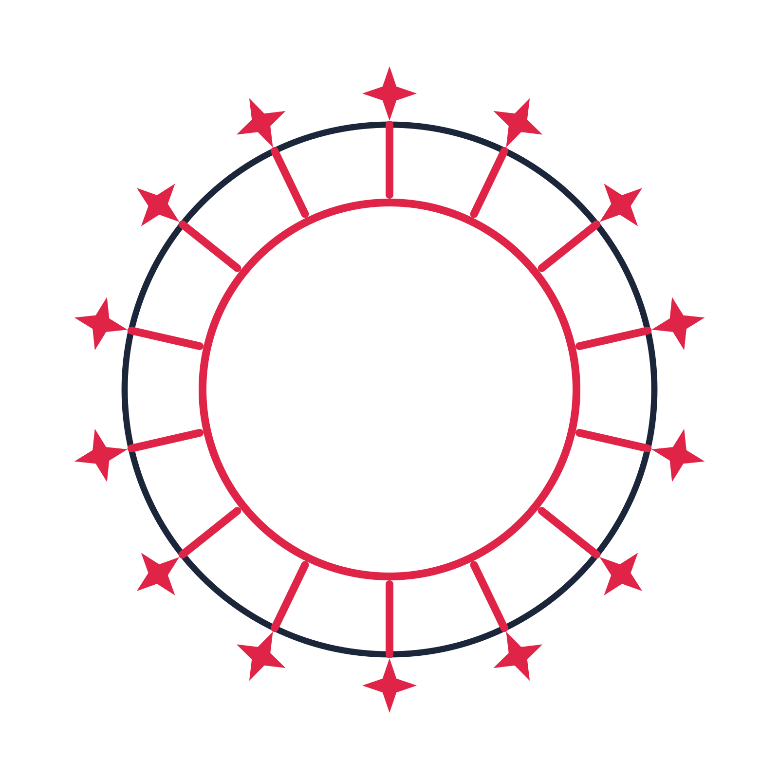 A circular emblem with 14 sparkle motifs, fine concentric rings and a spokes structure.