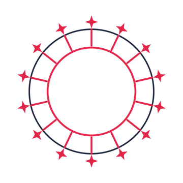 A circular emblem with 14 sparkle motifs, fine concentric rings and a spokes structure.