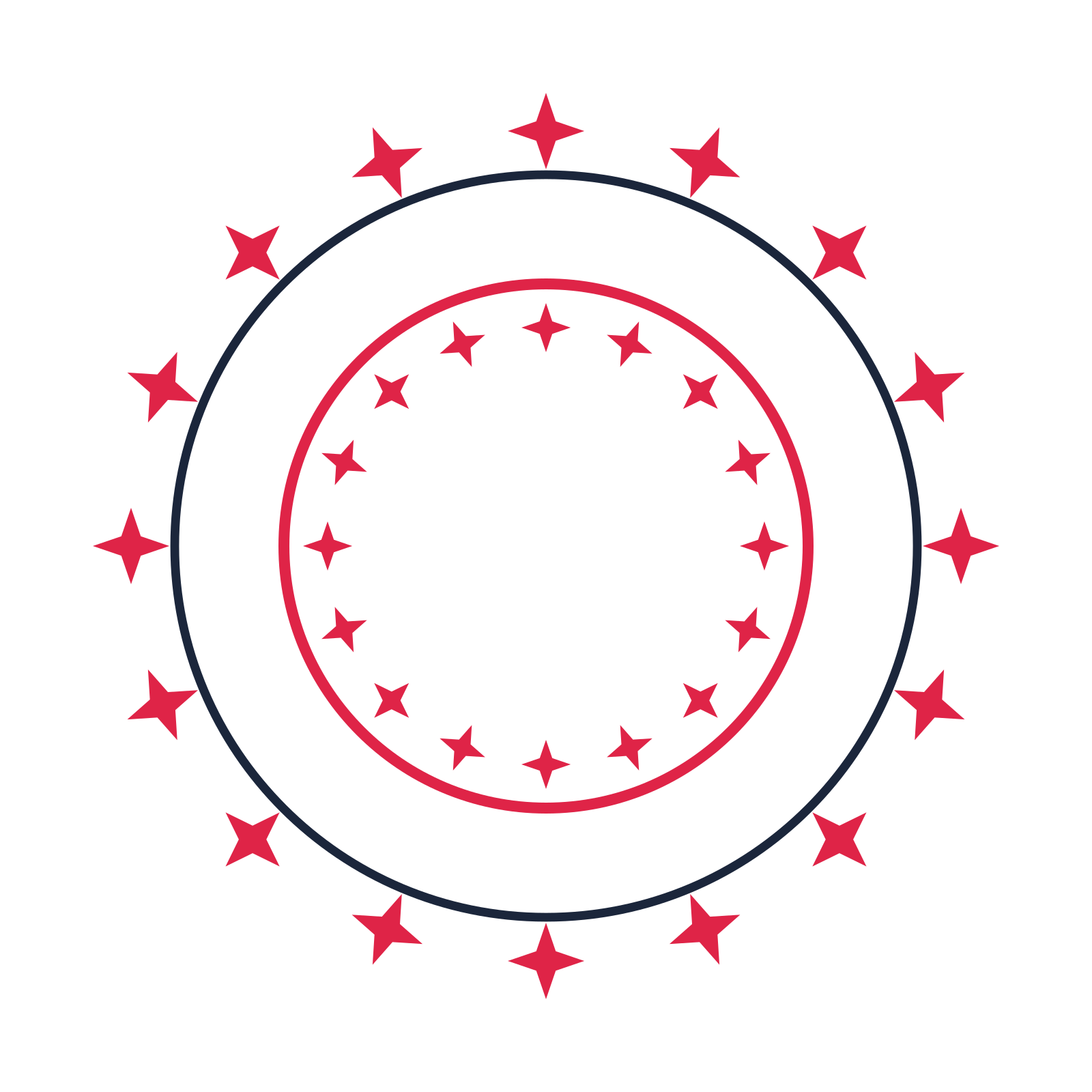 A circular emblem with 16 sparkle motifs, fine concentric rings and a double orbit structure.