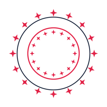 A circular emblem with 16 sparkle motifs, fine concentric rings and a double orbit structure.