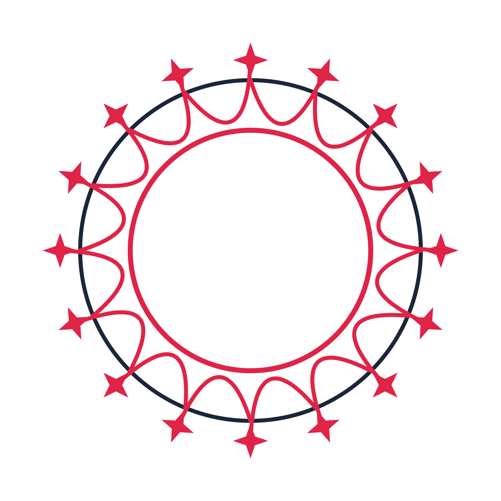 A circular emblem with 16 sparkle motifs, fine concentric rings and a interlaced structure.