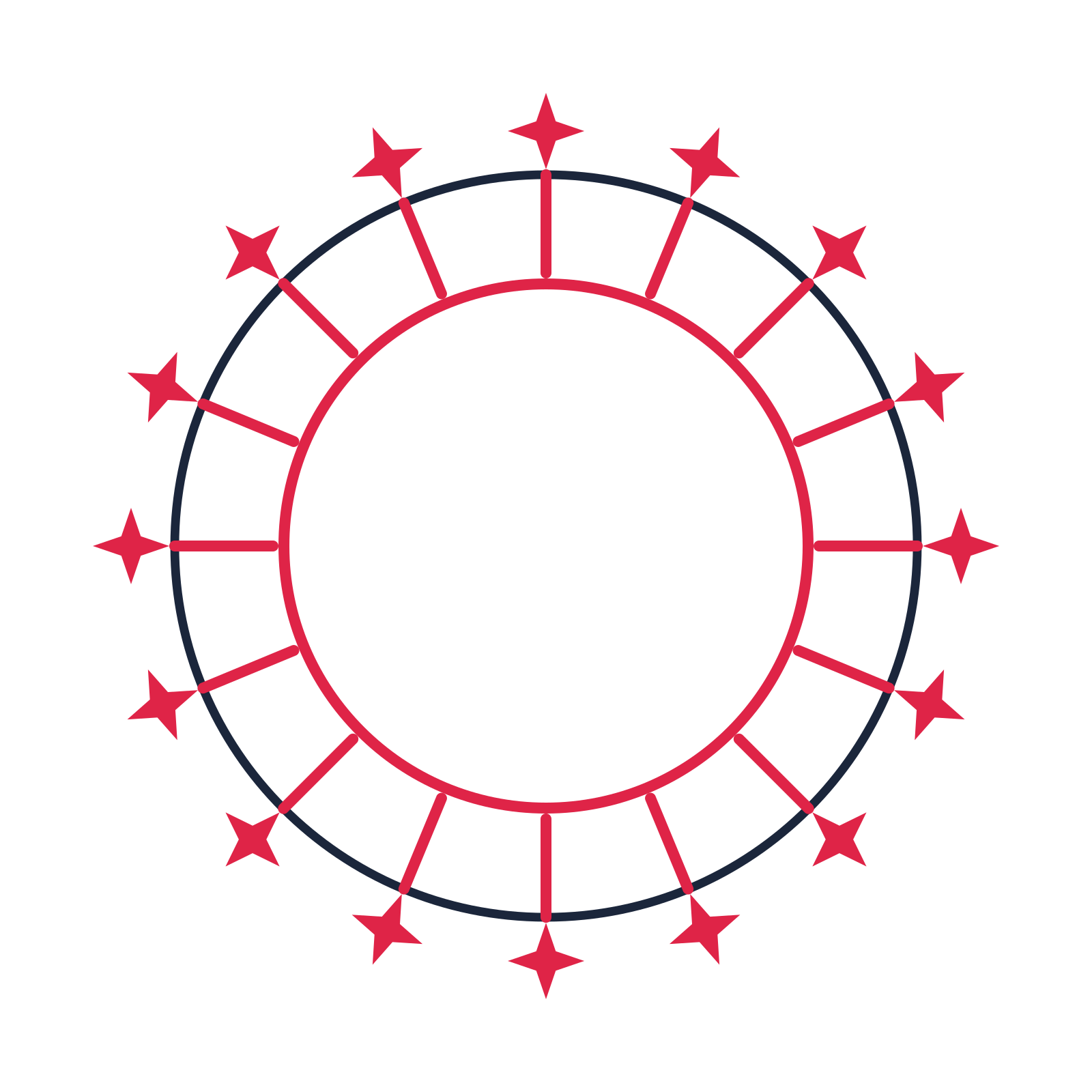 A circular emblem with 16 sparkle motifs, fine concentric rings and a spokes structure.