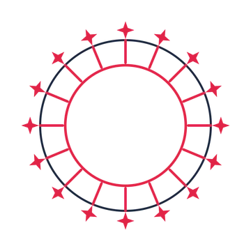 A circular emblem with 16 sparkle motifs, fine concentric rings and a spokes structure.