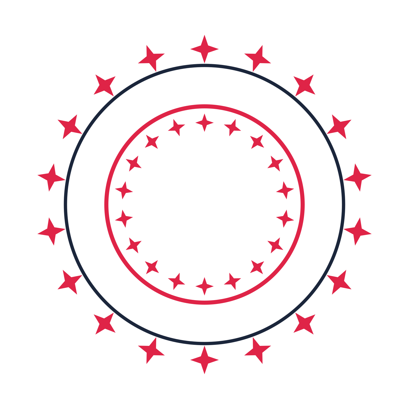 A circular emblem with 18 sparkle motifs, fine concentric rings and a double orbit structure.