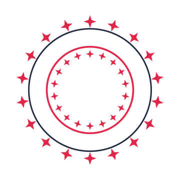 A circular emblem with 18 sparkle motifs, fine concentric rings and a double orbit structure.