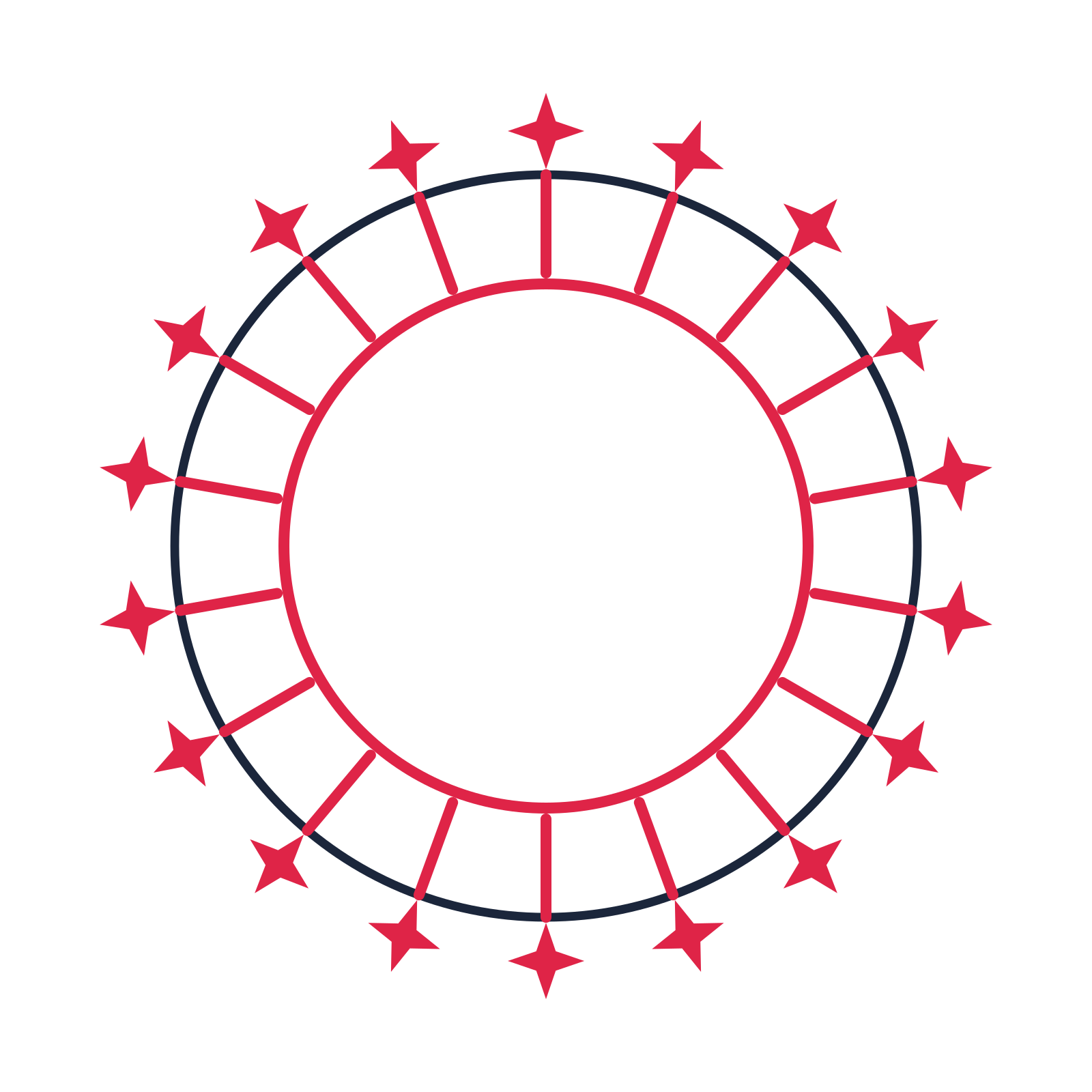 A circular emblem with 18 sparkle motifs, fine concentric rings and a spokes structure.