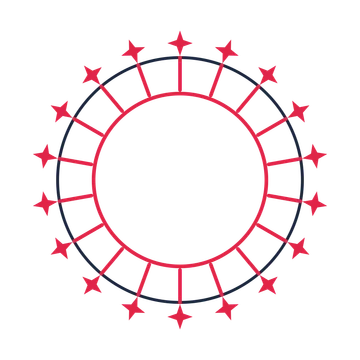 A circular emblem with 18 sparkle motifs, fine concentric rings and a spokes structure.