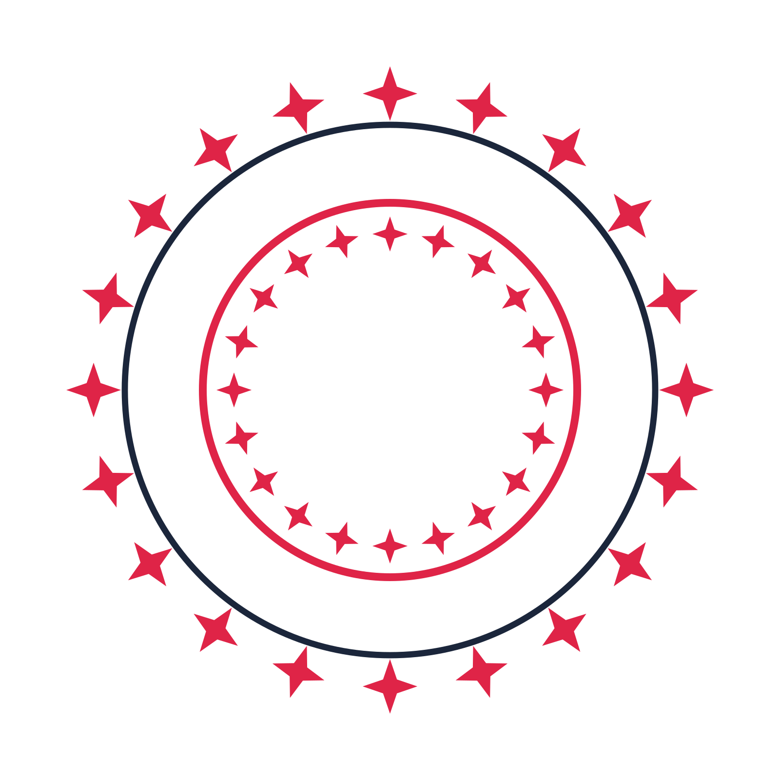 A circular emblem with 20 sparkle motifs, fine concentric rings and a double orbit structure.