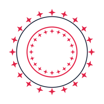 A circular emblem with 20 sparkle motifs, fine concentric rings and a double orbit structure.