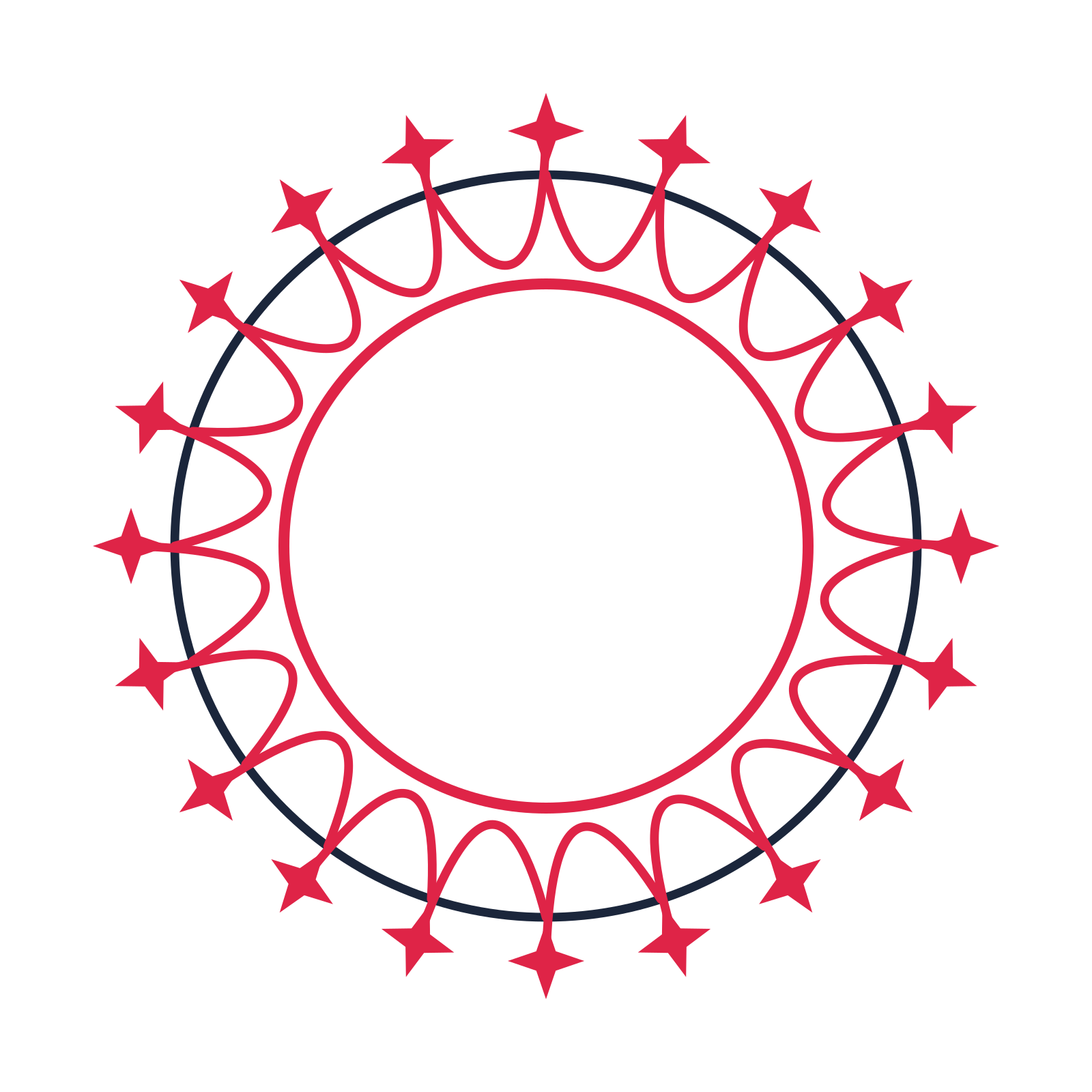 A circular emblem with 20 sparkle motifs, fine concentric rings and a interlaced structure.