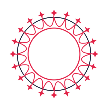 A circular emblem with 20 sparkle motifs, fine concentric rings and a interlaced structure.