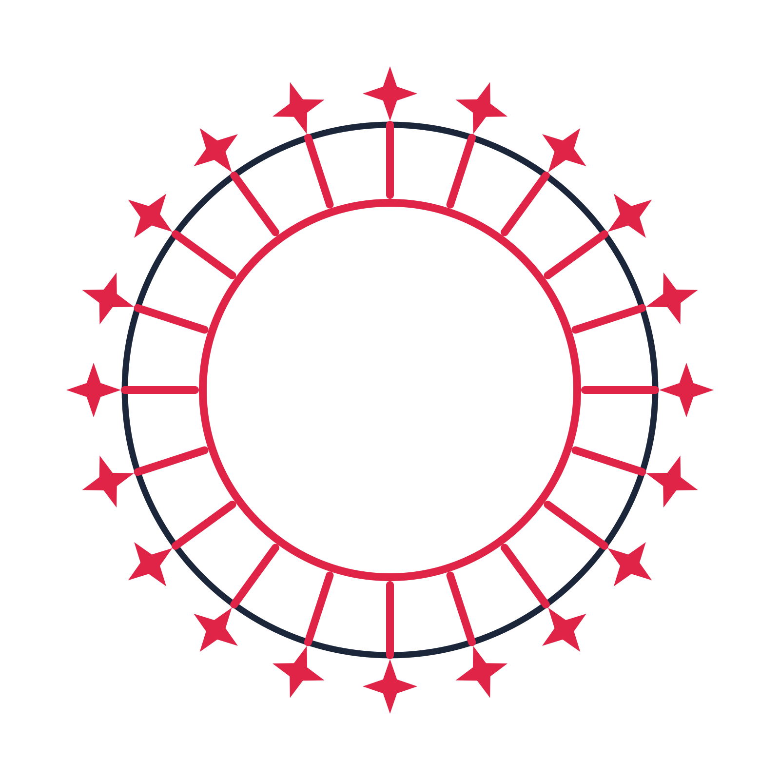 A circular emblem with 20 sparkle motifs, fine concentric rings and a spokes structure.