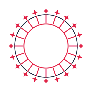 A circular emblem with 20 sparkle motifs, fine concentric rings and a spokes structure.