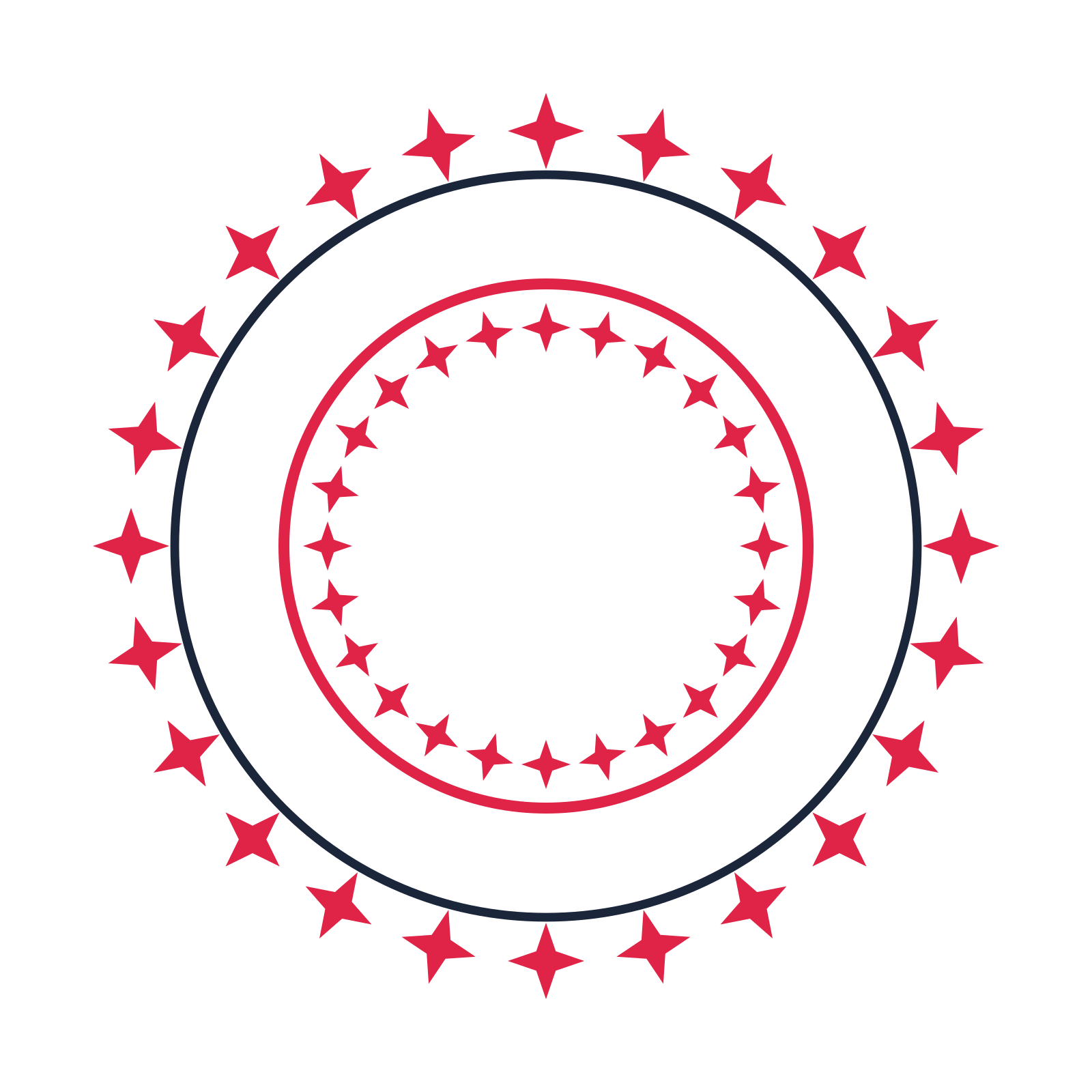A circular emblem with 24 sparkle motifs, fine concentric rings and a double orbit structure.
