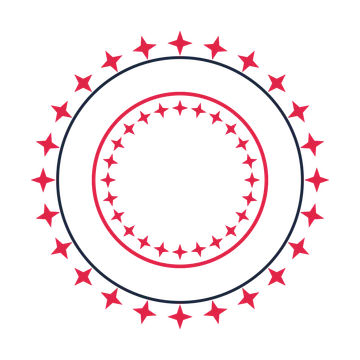 A circular emblem with 24 sparkle motifs, fine concentric rings and a double orbit structure.
