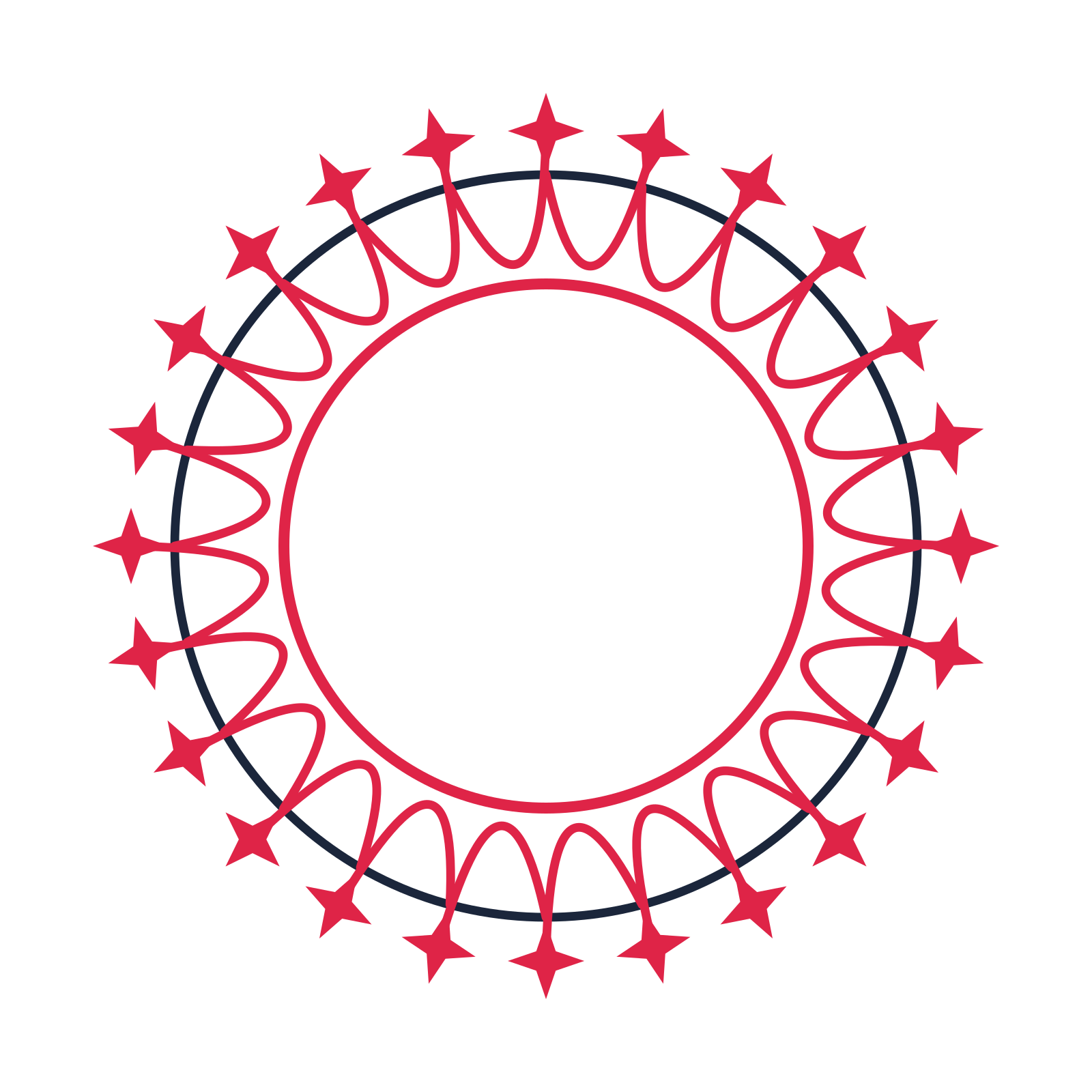A circular emblem with 24 sparkle motifs, fine concentric rings and a interlaced structure.