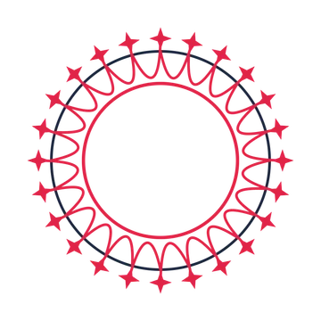A circular emblem with 24 sparkle motifs, fine concentric rings and a interlaced structure.