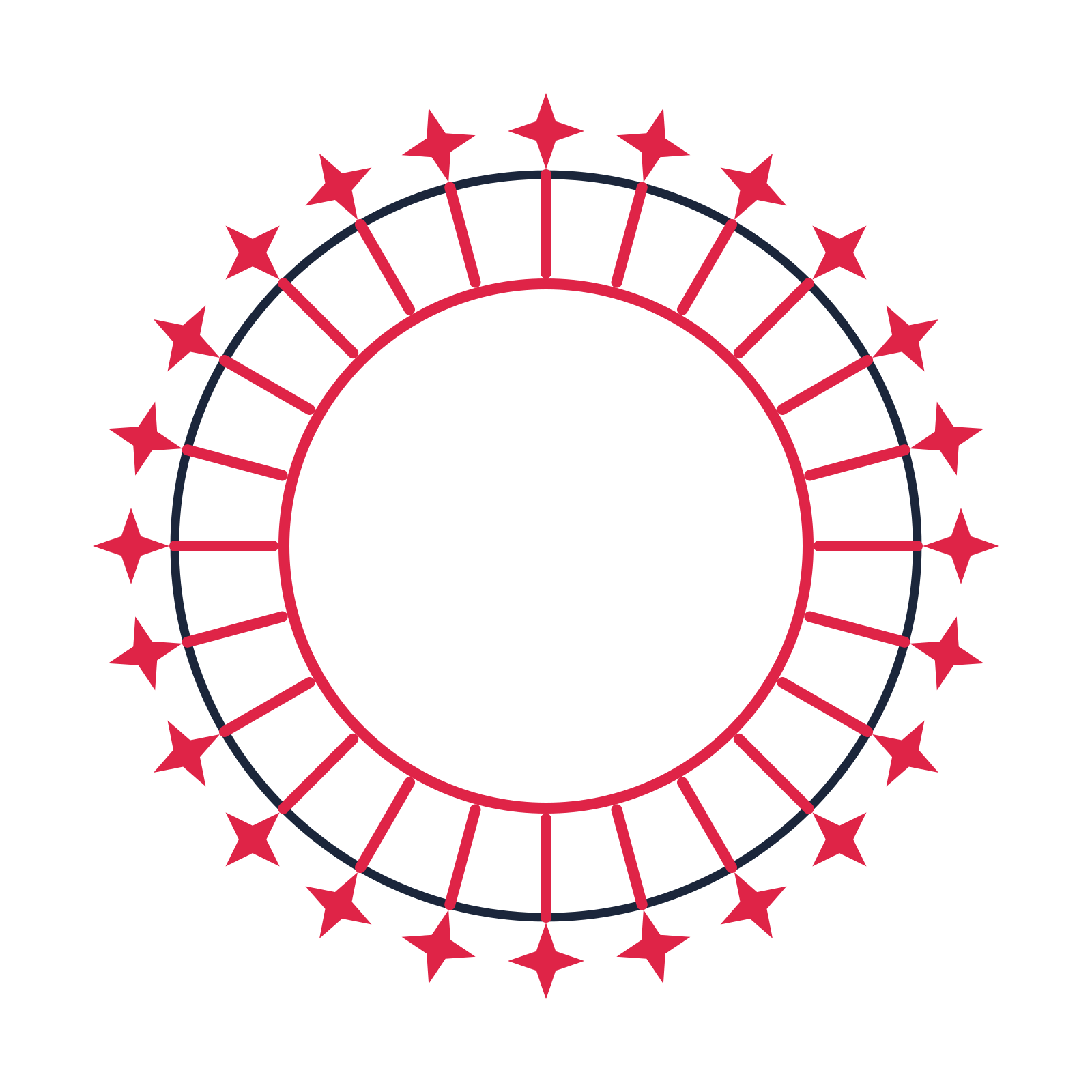 A circular emblem with 24 sparkle motifs, fine concentric rings and a spokes structure.