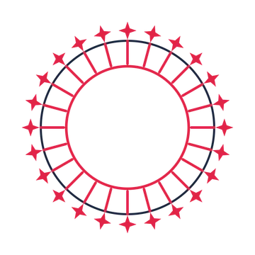 A circular emblem with 24 sparkle motifs, fine concentric rings and a spokes structure.
