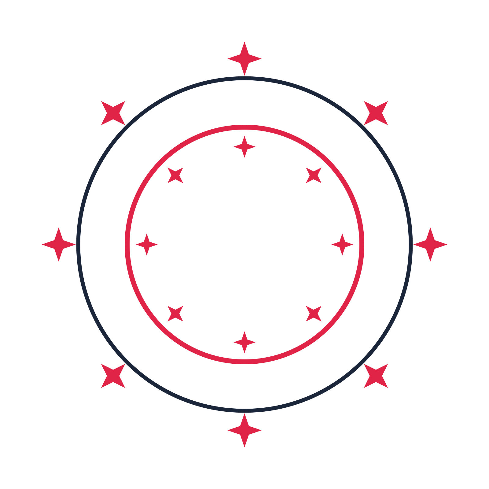 A circular emblem with 8 sparkle motifs, fine concentric rings and a double orbit structure.