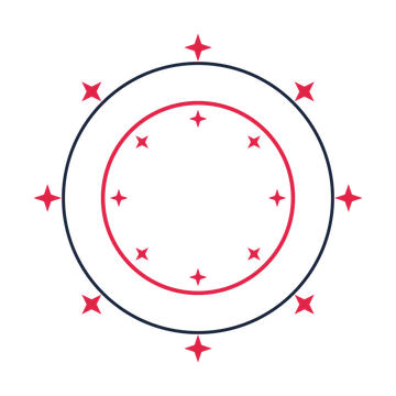 A circular emblem with 8 sparkle motifs, fine concentric rings and a double orbit structure.