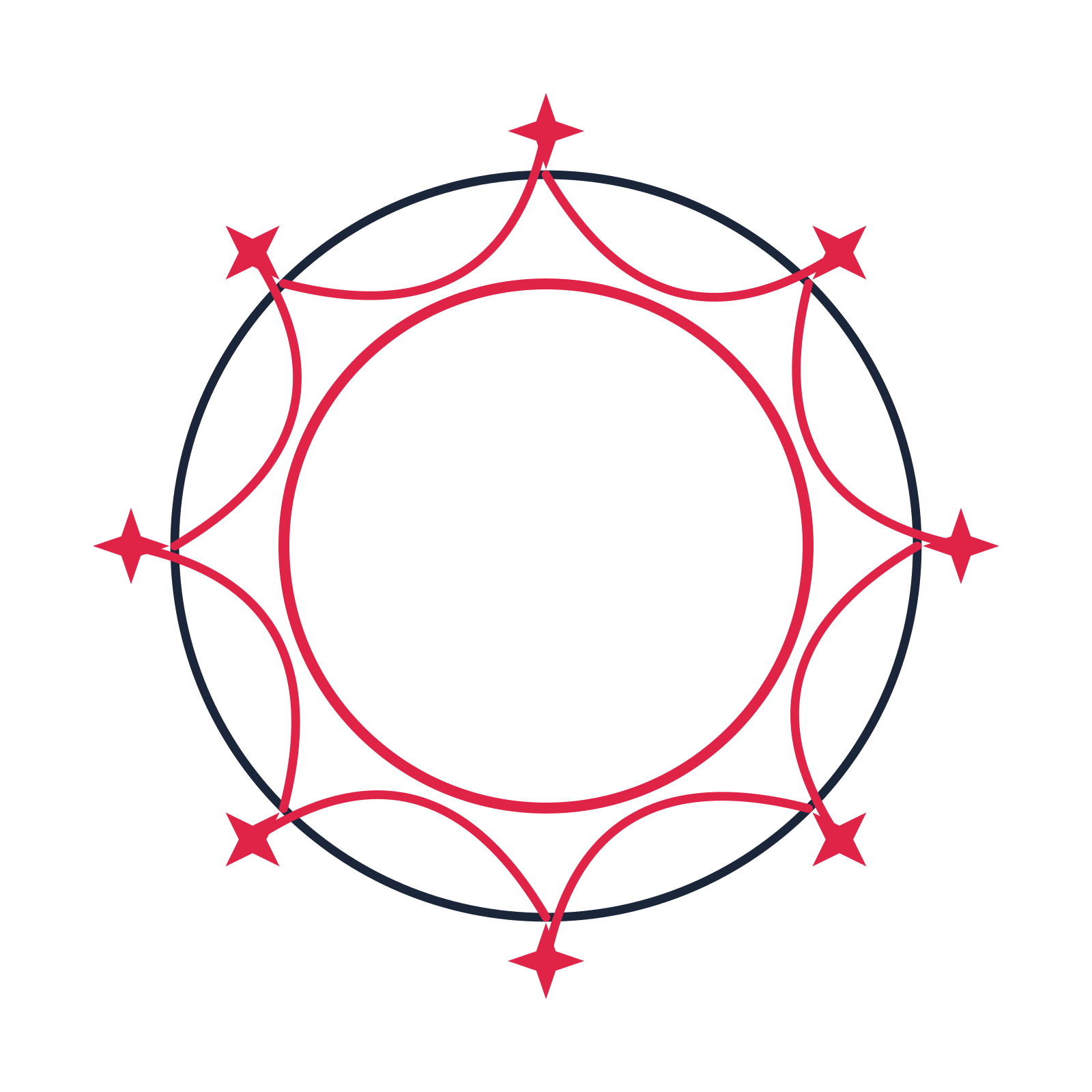 A circular emblem with 8 sparkle motifs, fine concentric rings and a interlaced structure.