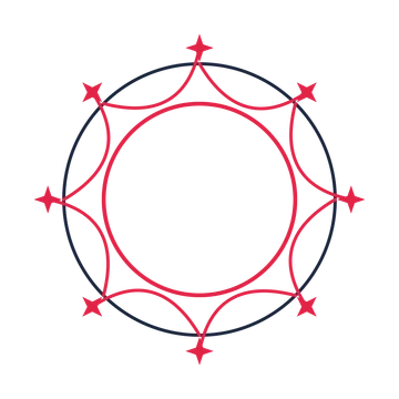 A circular emblem with 8 sparkle motifs, fine concentric rings and a interlaced structure.