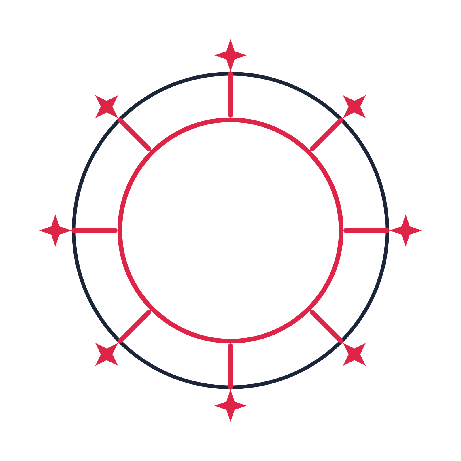 A circular emblem with 8 sparkle motifs, fine concentric rings and a spokes structure.