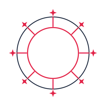 A circular emblem with 8 sparkle motifs, fine concentric rings and a spokes structure.