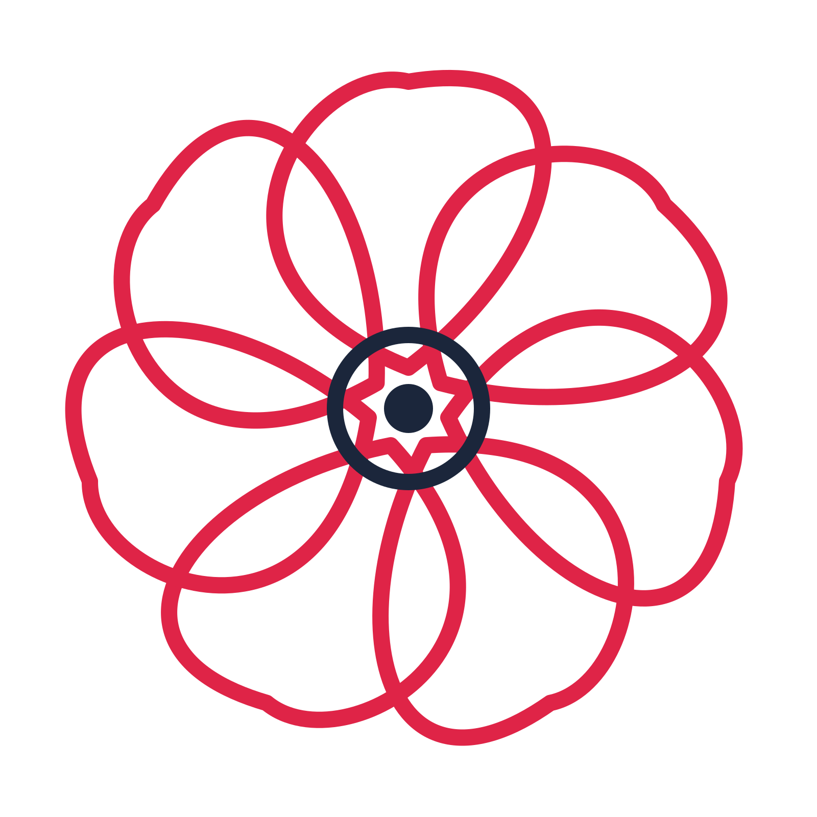 A 7-petal ribbon flower with a ring centre and a transparent background.