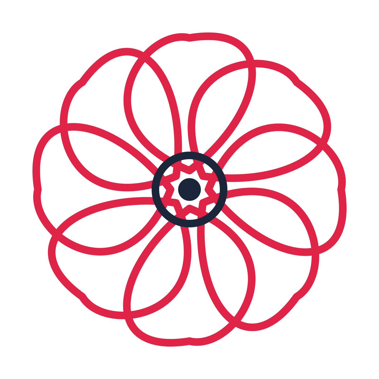 A 8-petal ribbon flower with a ring centre and a transparent background.