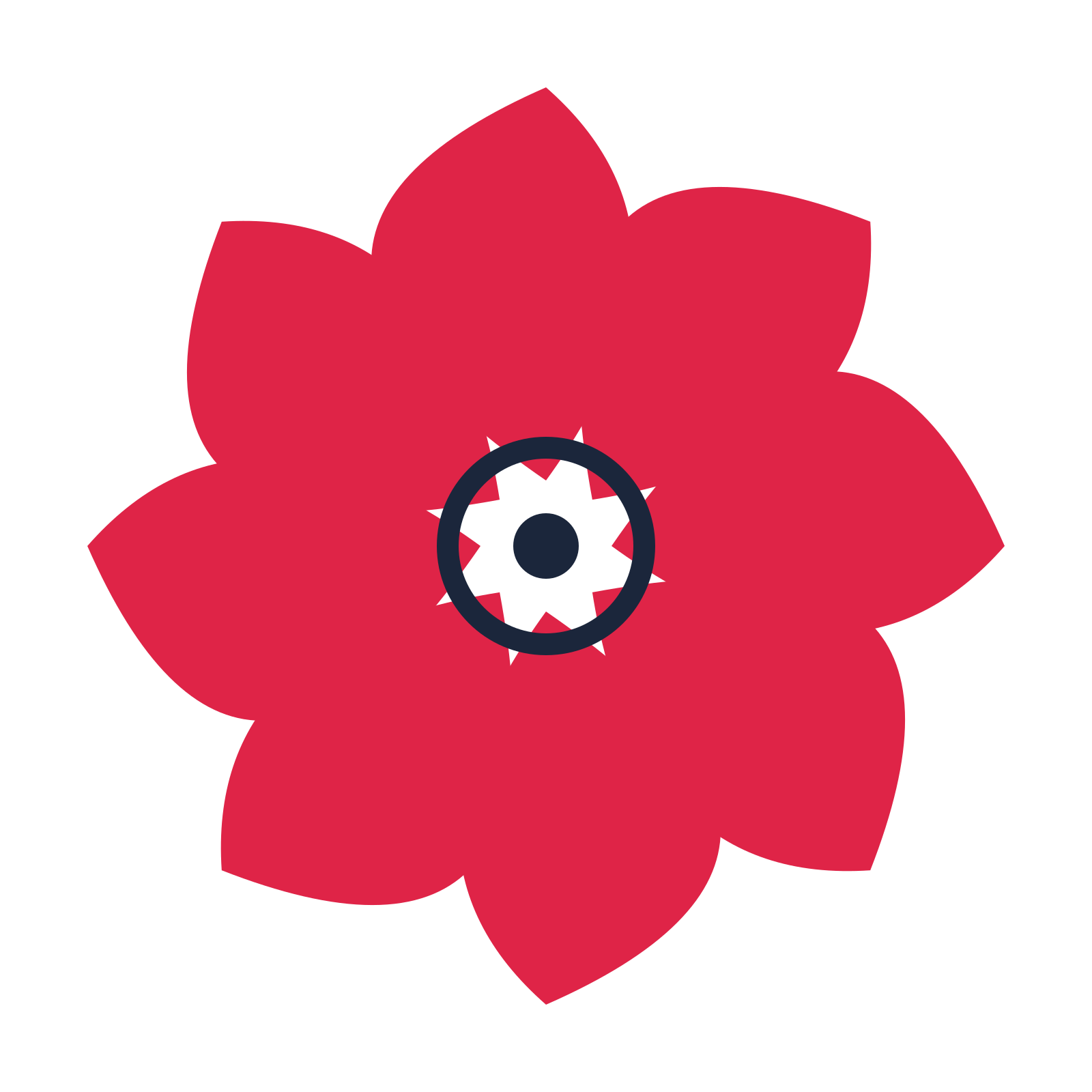 A 8-petal teardrop flower with a ring centre and a transparent background.
