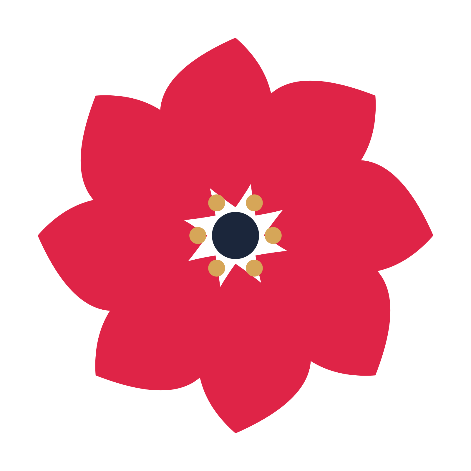 A 8-petal teardrop flower with a stamen centre and a transparent background.