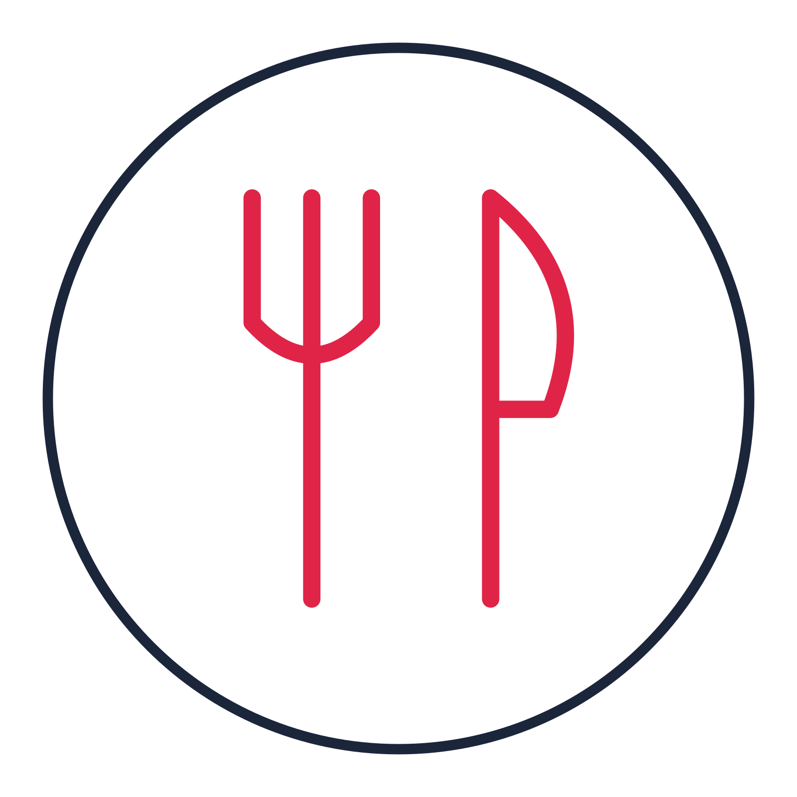 Fork and table knife drawn as a medallion icon with clean rounded lines.