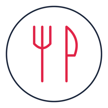 Fork and table knife drawn as a medallion icon with clean rounded lines.
