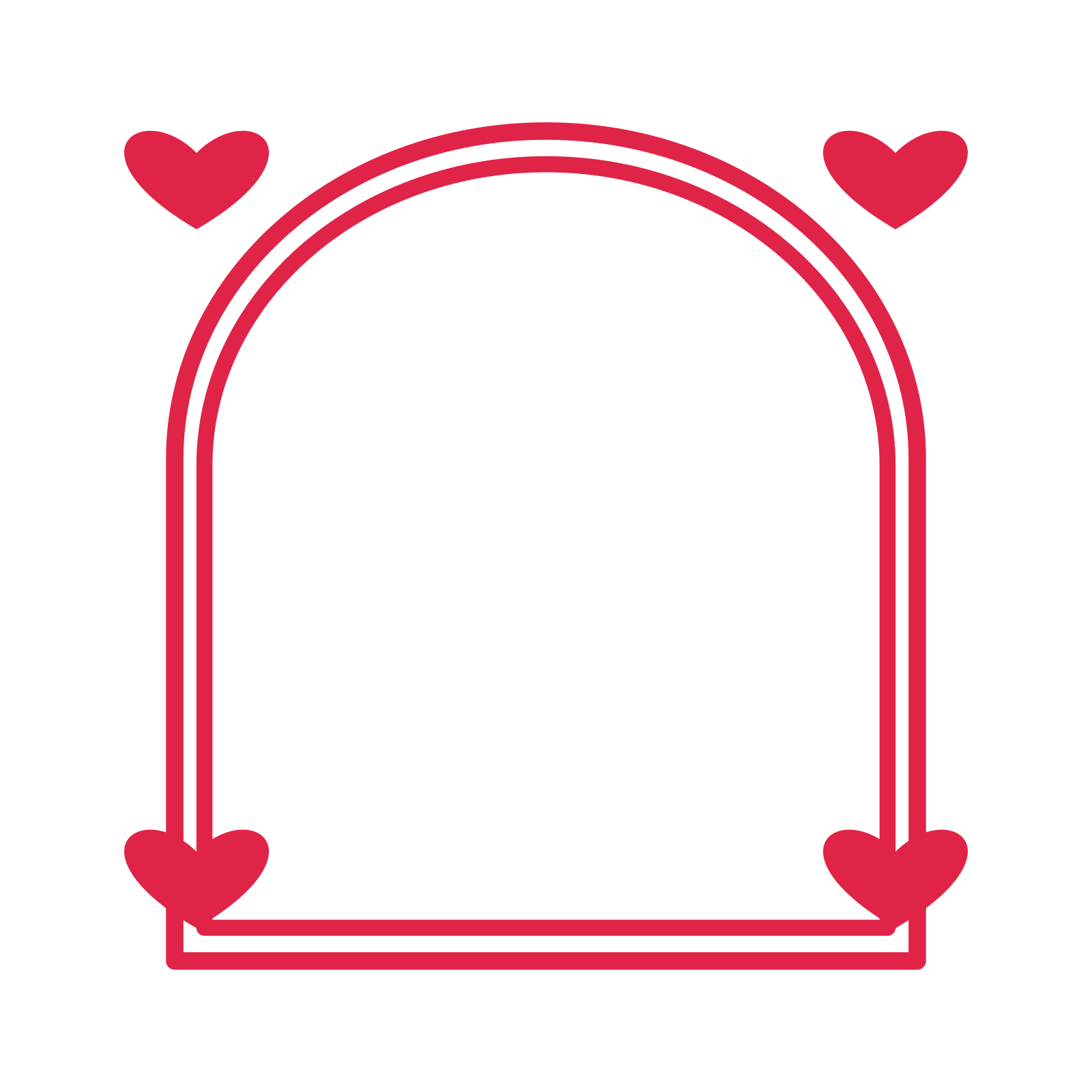 An open arch frame with heart ornaments and a double border. The middle stays transparent for your text or photograph.