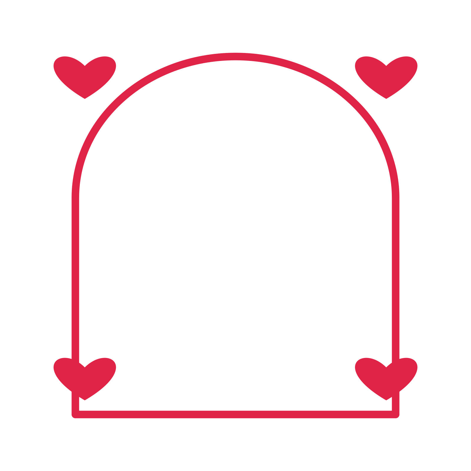 An open arch frame with heart ornaments and a single border. The middle stays transparent for your text or photograph.
