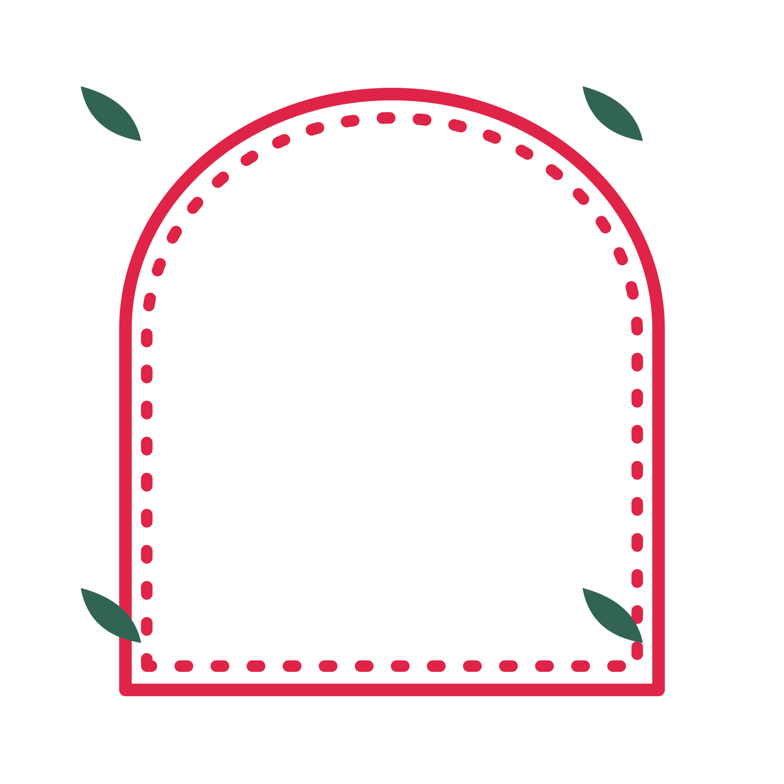 An open arch frame with leaf ornaments and a dotted border. The middle stays transparent for your text or photograph.