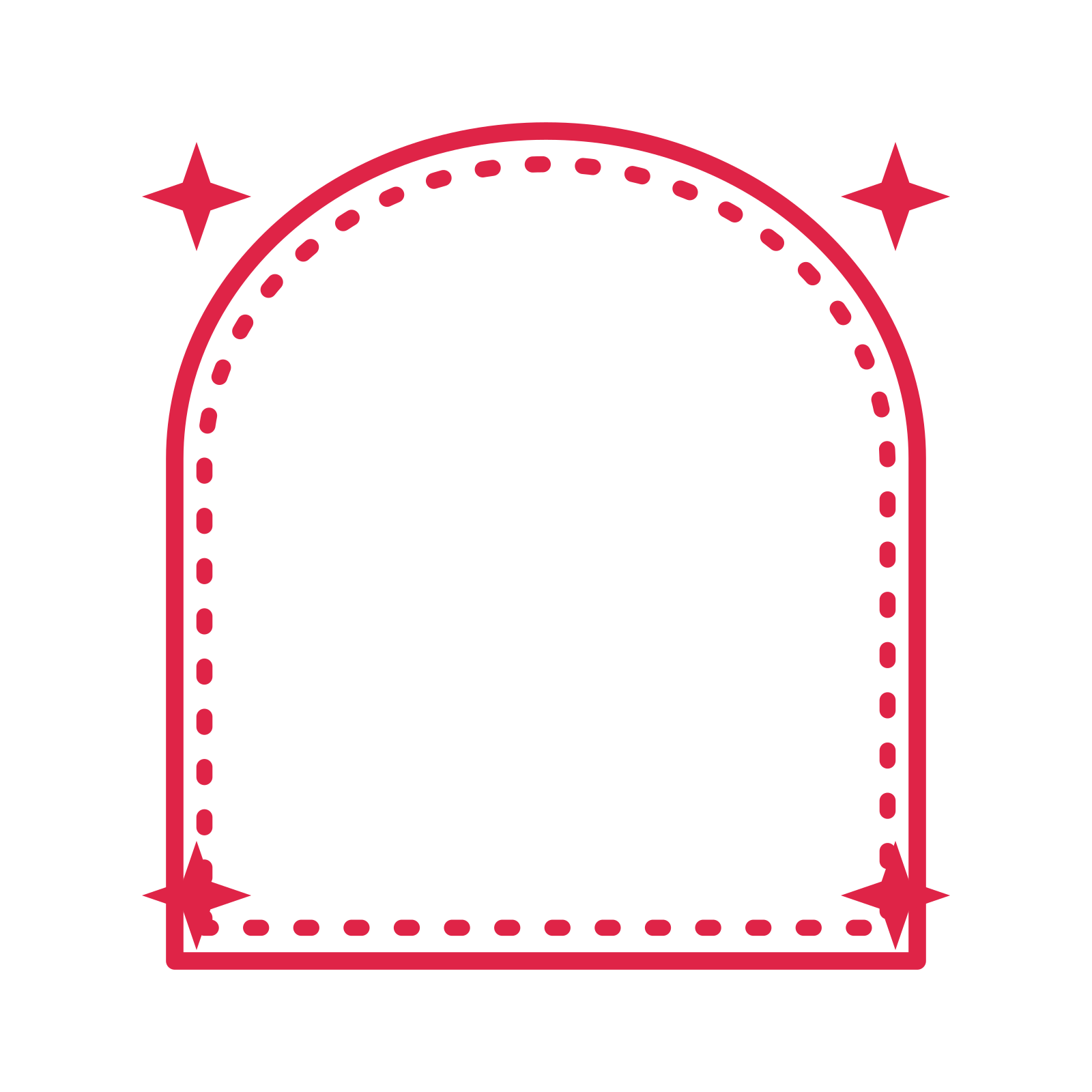 An open arch frame with sparkle ornaments and a dotted border. The middle stays transparent for your text or photograph.