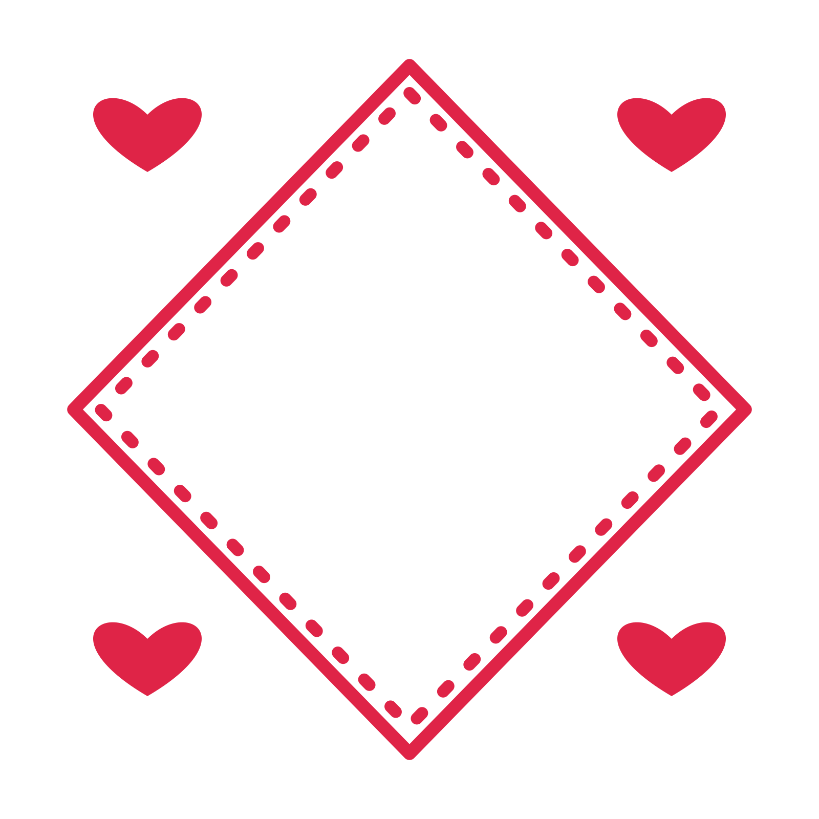 An open diamond frame with heart ornaments and a dotted border. The middle stays transparent for your text or photograph.