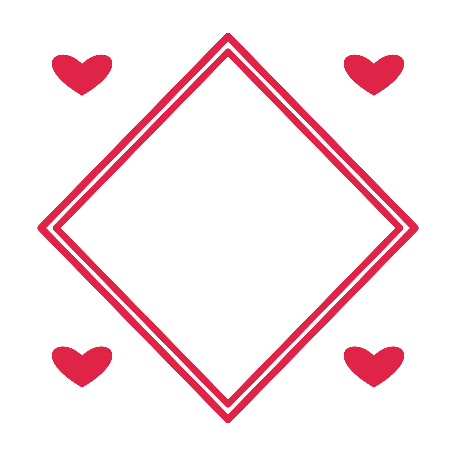 An open diamond frame with heart ornaments and a double border. The middle stays transparent for your text or photograph.