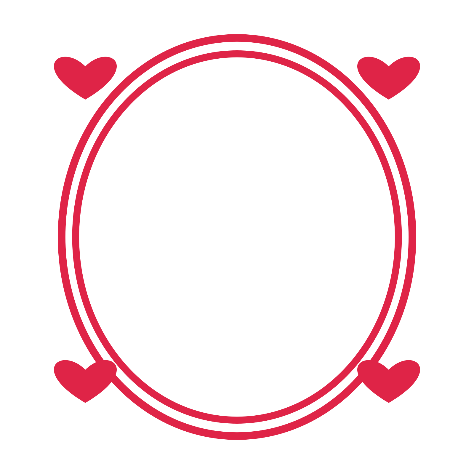 An open oval frame with heart ornaments and a double border. The middle stays transparent for your text or photograph.