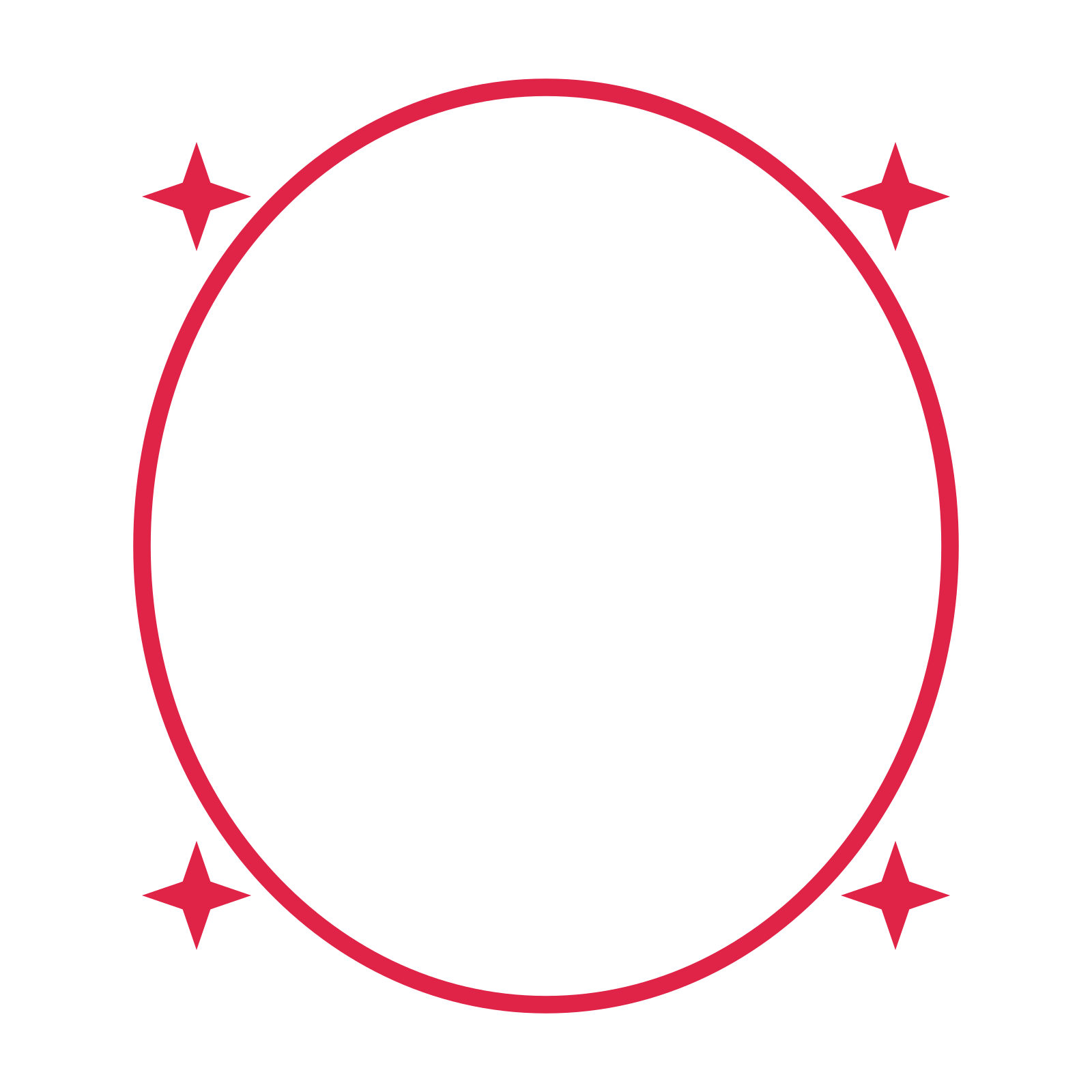 An open oval frame with sparkle ornaments and a single border. The middle stays transparent for your text or photograph.