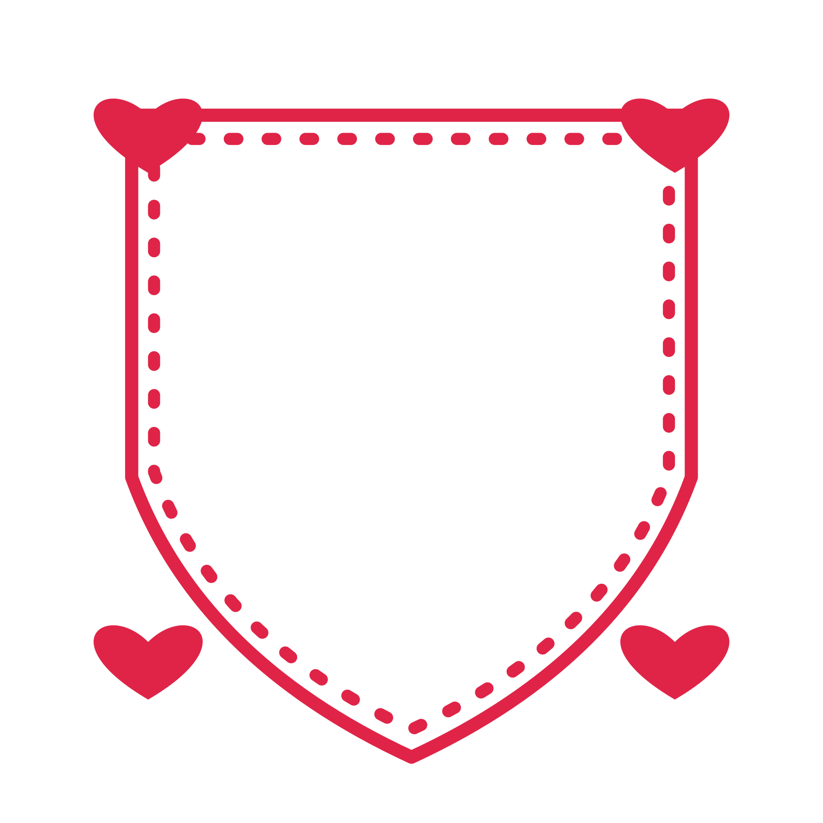 An open shield frame with heart ornaments and a dotted border. The middle stays transparent for your text or photograph.