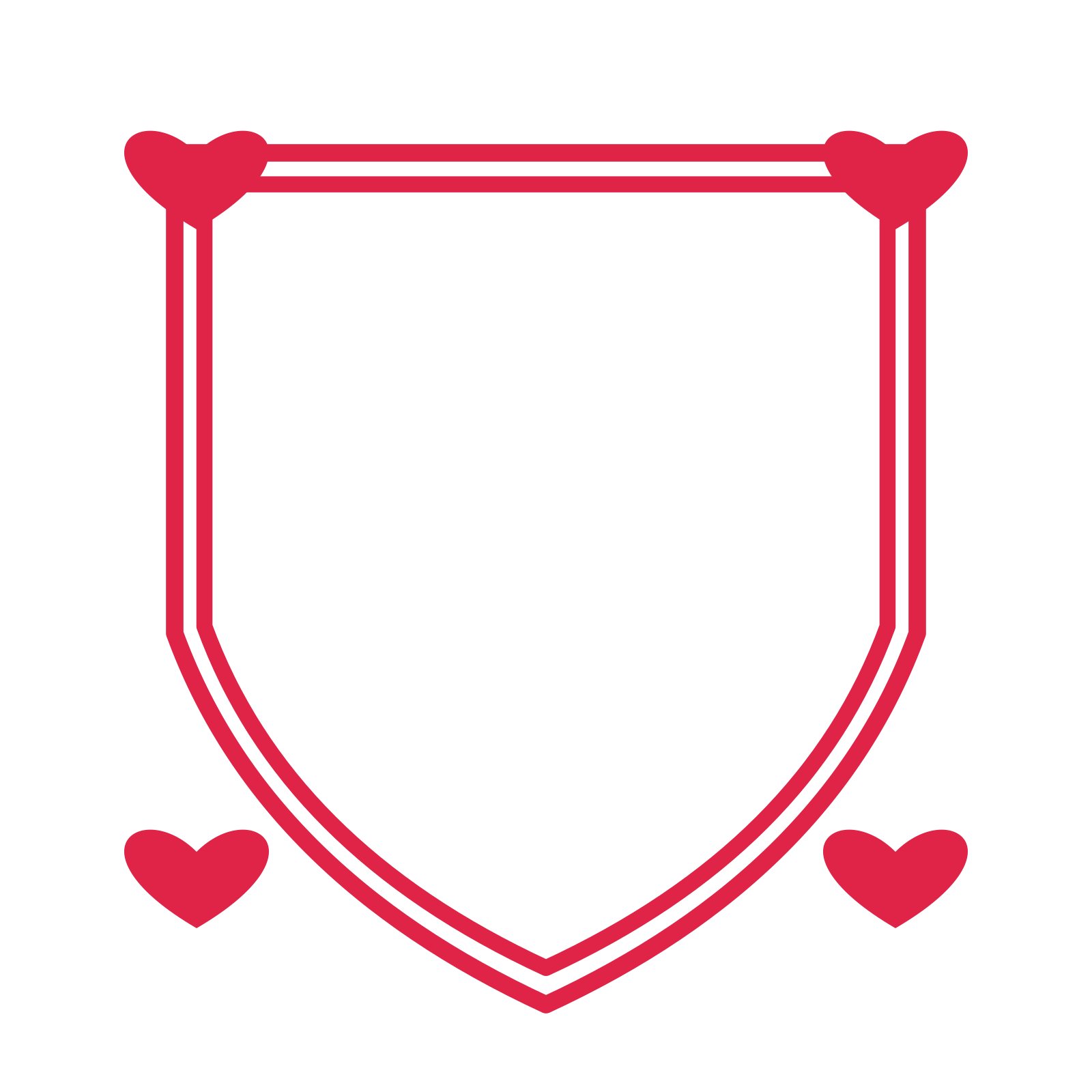 An open shield frame with heart ornaments and a double border. The middle stays transparent for your text or photograph.