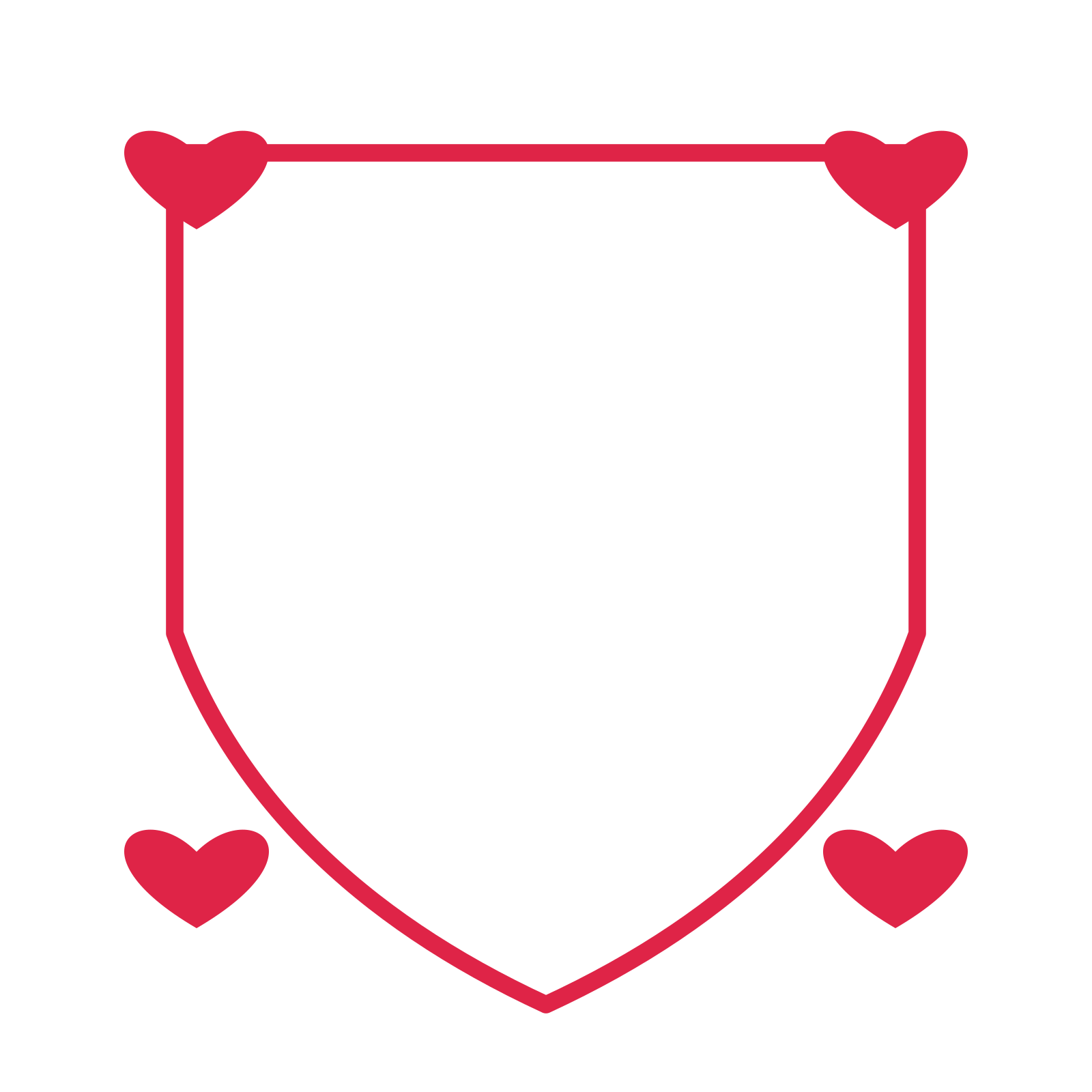 An open shield frame with heart ornaments and a single border. The middle stays transparent for your text or photograph.